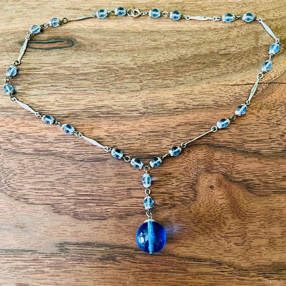 Vintage Czech   Blue Glass  Drop Dangle Necklace 18" Blue Orb